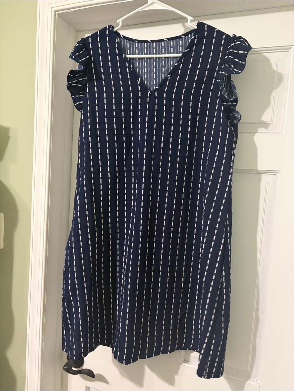 Navy Striped Flutter Sleeve Shift Dress Size Large